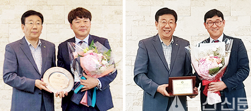 태흥종축 전성주 대표(왼쪽 사진)와 도드람양돈서비스 배호영 본부장이 종축개량협회 이재용 회장으로부터 상패를 받고 있다.