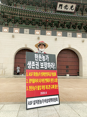 청와대 인근에서 동시다발로 1인시위를 벌이고 있는 양돈농가.